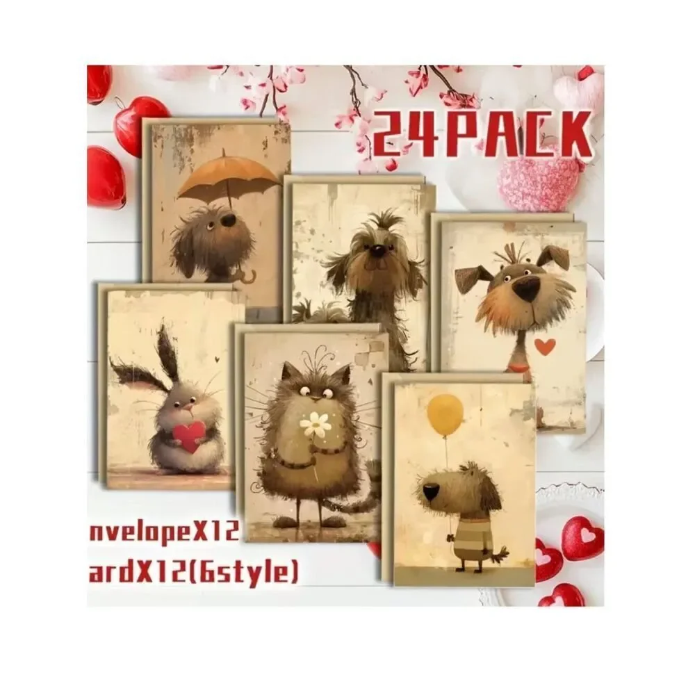 NWT 24pc Vintage Whimsical Cartoon Animal Greeting Card Assortment Set